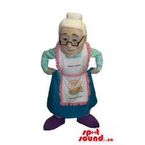 Grandmother Human Mascot With Glasses Dressed In An Apron