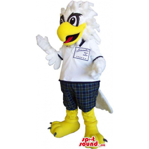 White Eagle Bird Mascot Dressed In A Polo Shirt And Pants