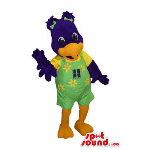 Blue Bird Mascot Dressed In Green Overalls With Flowers And Logo