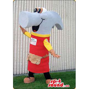 Peculiar Large Hammer Mascot Dressed In A Tool Bag And A Logo