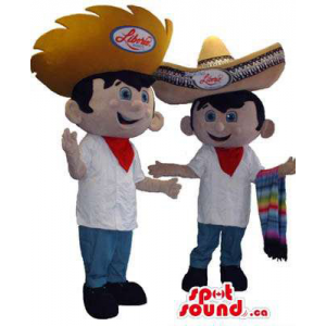Mexican Mariachi Human Couple Mascots Dressed In Large Hats