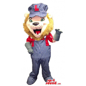 Lion Animal Mascot Dressed In Overalls, Gloves And A Cap With Letter