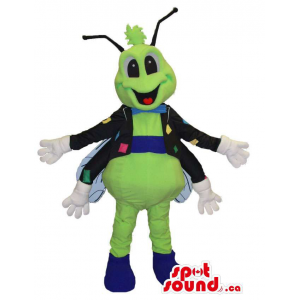 Mascota Insecto Verde Con Alas, Chaqueta Y Pajarita