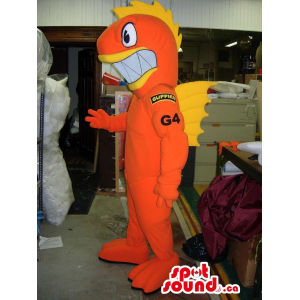 Orange And Yellow Fish Mascot With Large Teeth And Logos