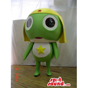 Green And White Fairy-Tale Frog Mascot With And Yellow Hat