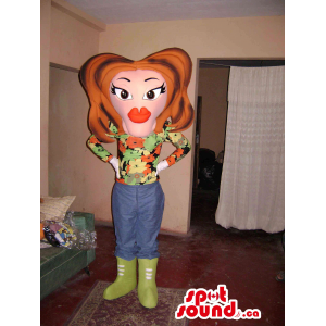 Lady Mascot With Large Face, Lips And Brown Hairstyle And Boots