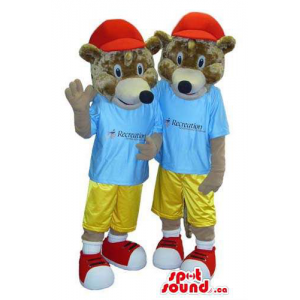 Bear Couple Mascots Dressed In Red Caps, T-Shirts With Logo