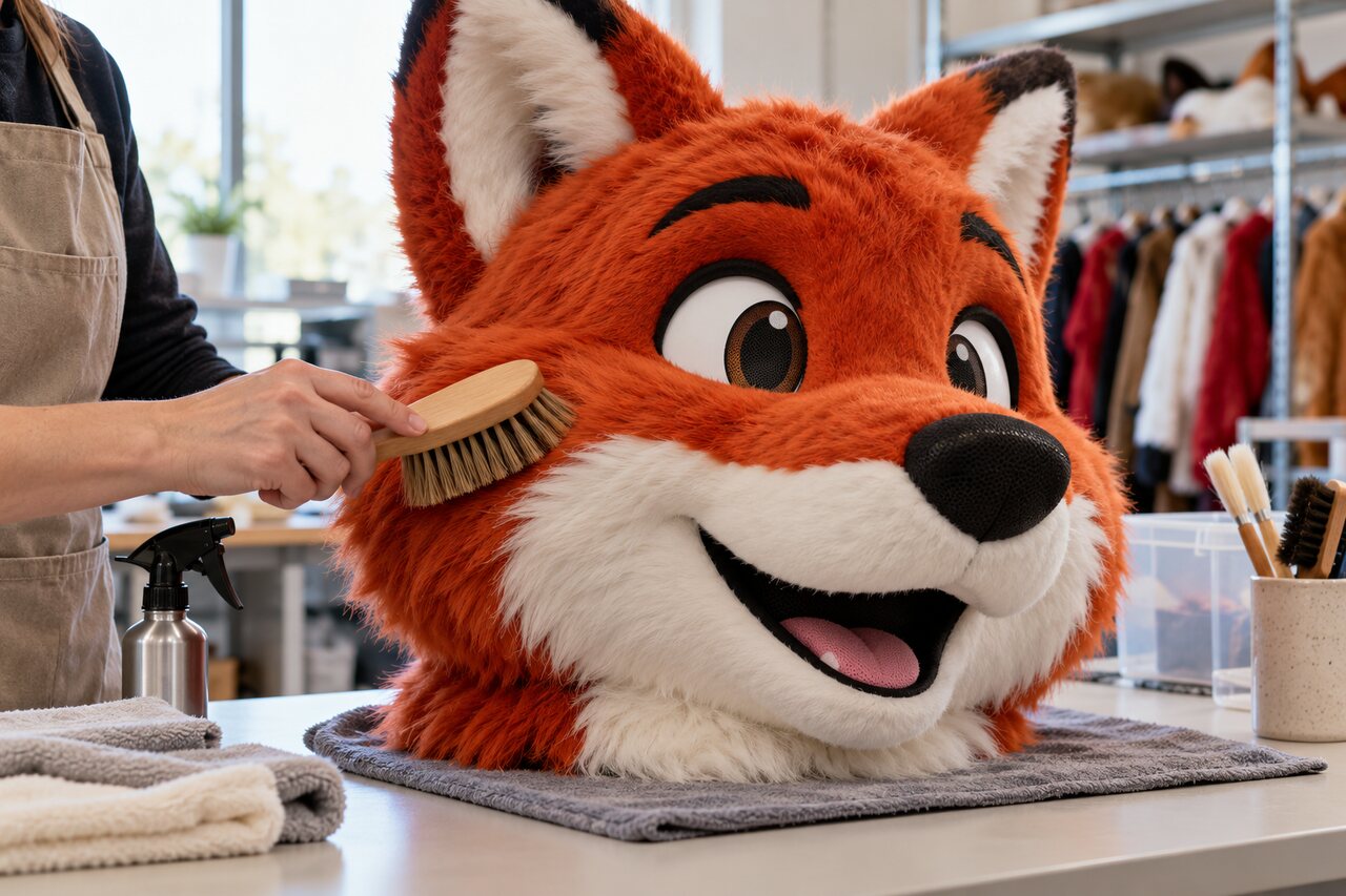 A mascot head being gently cleaned with a microfiber cloth — illustration